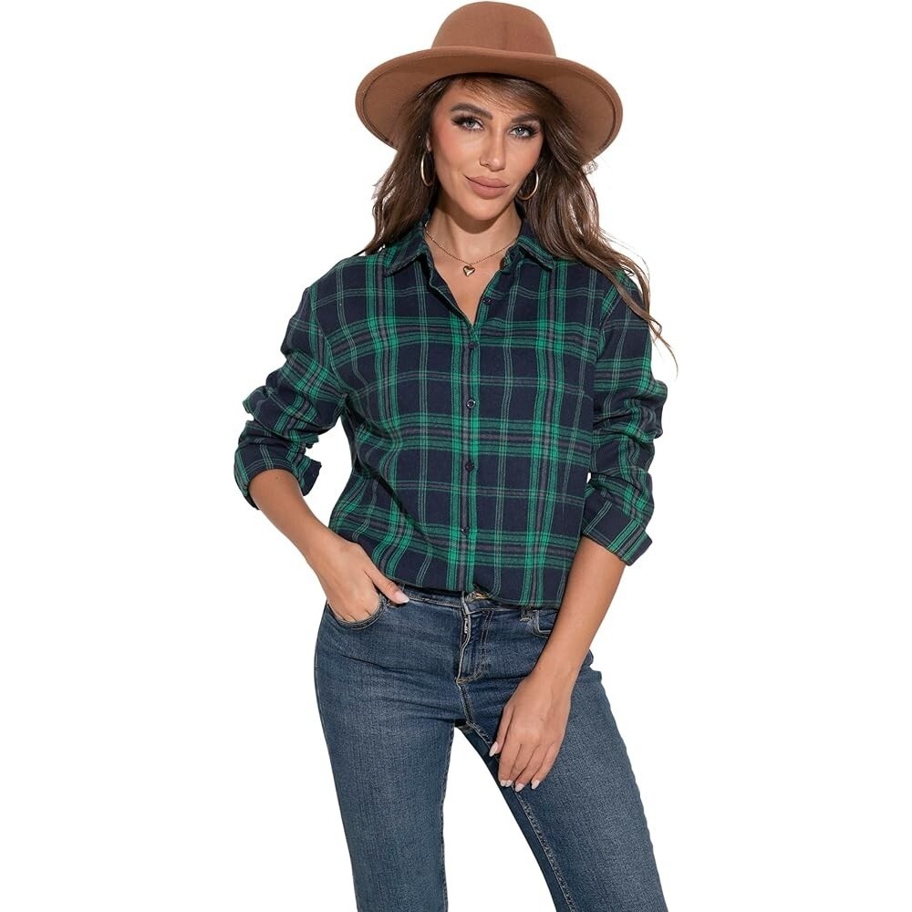 Women's‎ Plaid Button Down Shirt Long Sleeve Casual Cotton Flannel Green Blue S